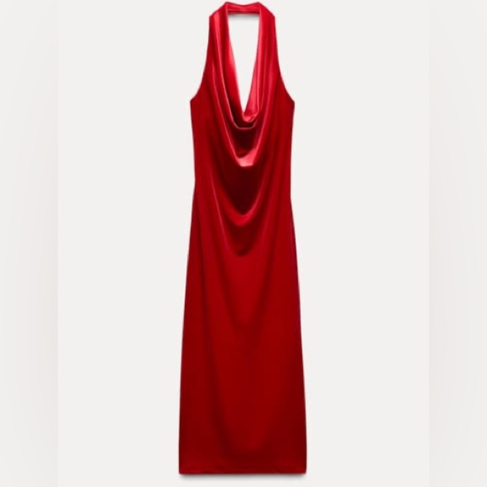 NWT! Zara Velvet Red Halter Neck Midi Dress